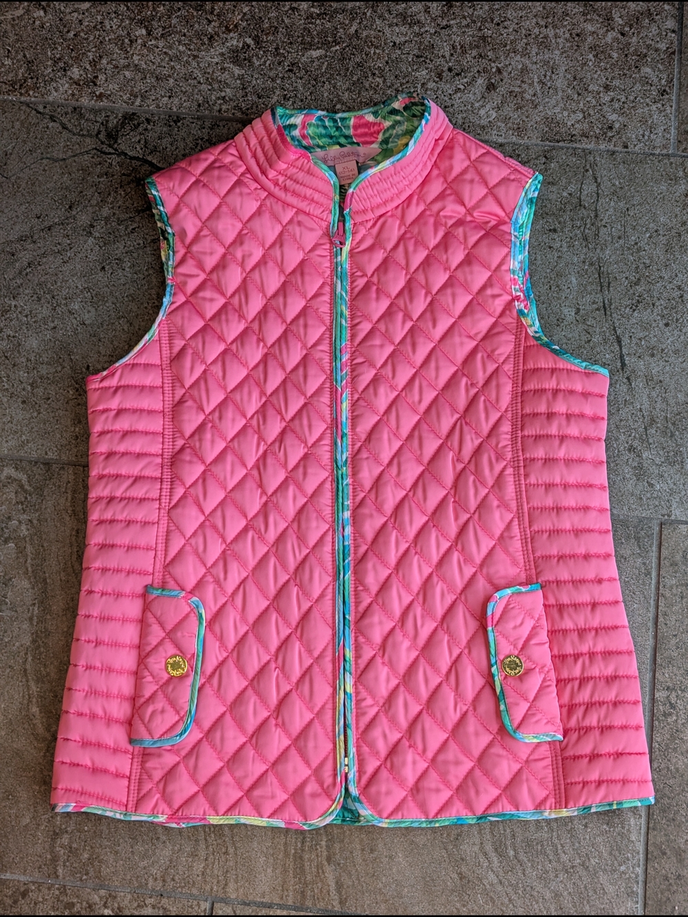 Lilly Pulitzer Pink Quilted Sleeveless Vest with Tropical Trim